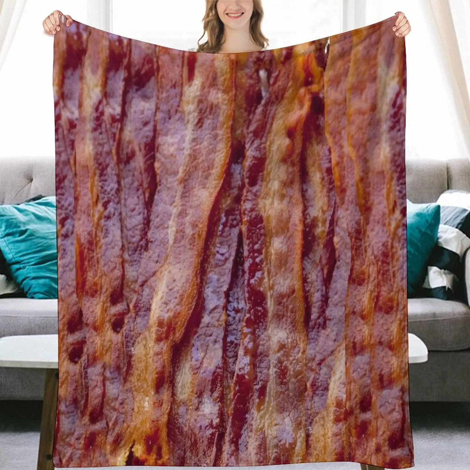 100% Polyester Fried Bacon Pattern Full Print Flannel Fleece Throw Blanket with Letters Accent - Wrinkle Resistant, Soft Cozy Modern Winter Home Decor for Adults, Birthday Gift, Multi-Size (76x101cm/30x40in, 81x122cm/32x48in, 127x152cm/50x60in) for Couch,