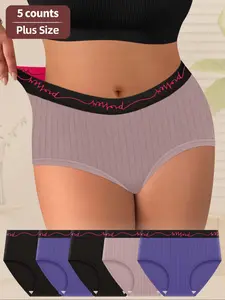 5-Pack Morelect Women's Plus Size Underwear Panties, Mid-Waist Letter Belt, Vertical Stripes, Soft Fit, High-Quality Printed Triangles