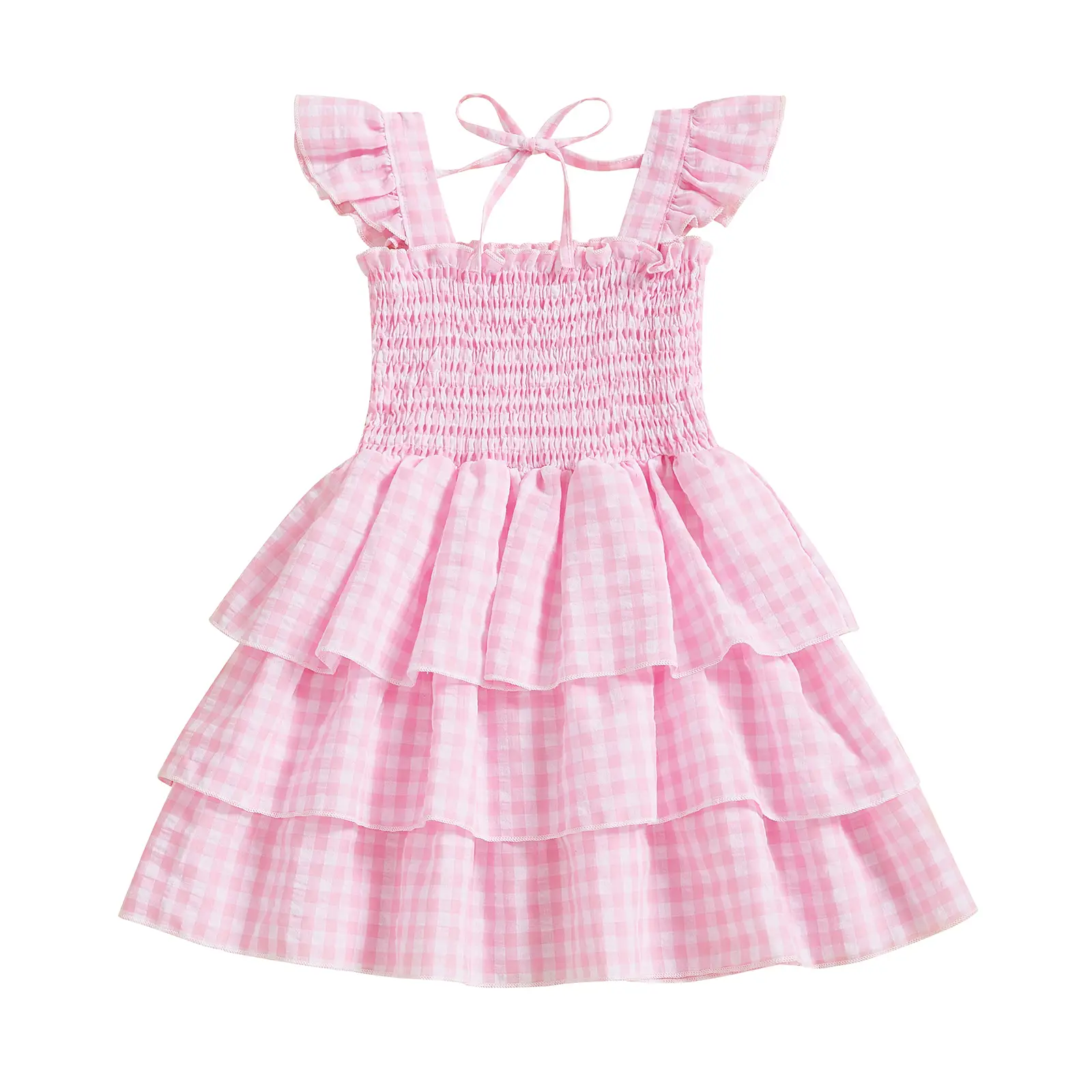 Toddler Kids Girl Summer Dress Plaid Print Flutted Sleeve Square Neck A-Line Tiered Ruffled Cake Dress
