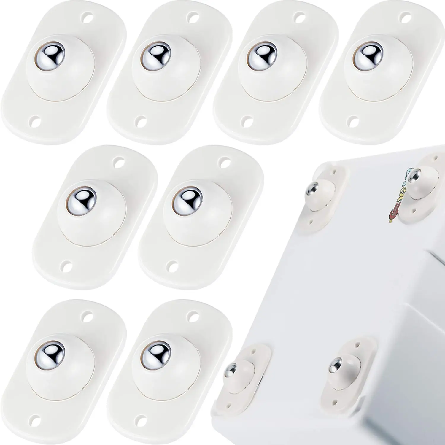 White Furniture Hardware Casters, 8-Piece Peel-and-Stick Universal Mini Wheels with 1 Steel Ball, 360° Swivel Rotating, Lightweight for Kitchen Sliders & Office Use, Convenience (Tools & Hardware)
