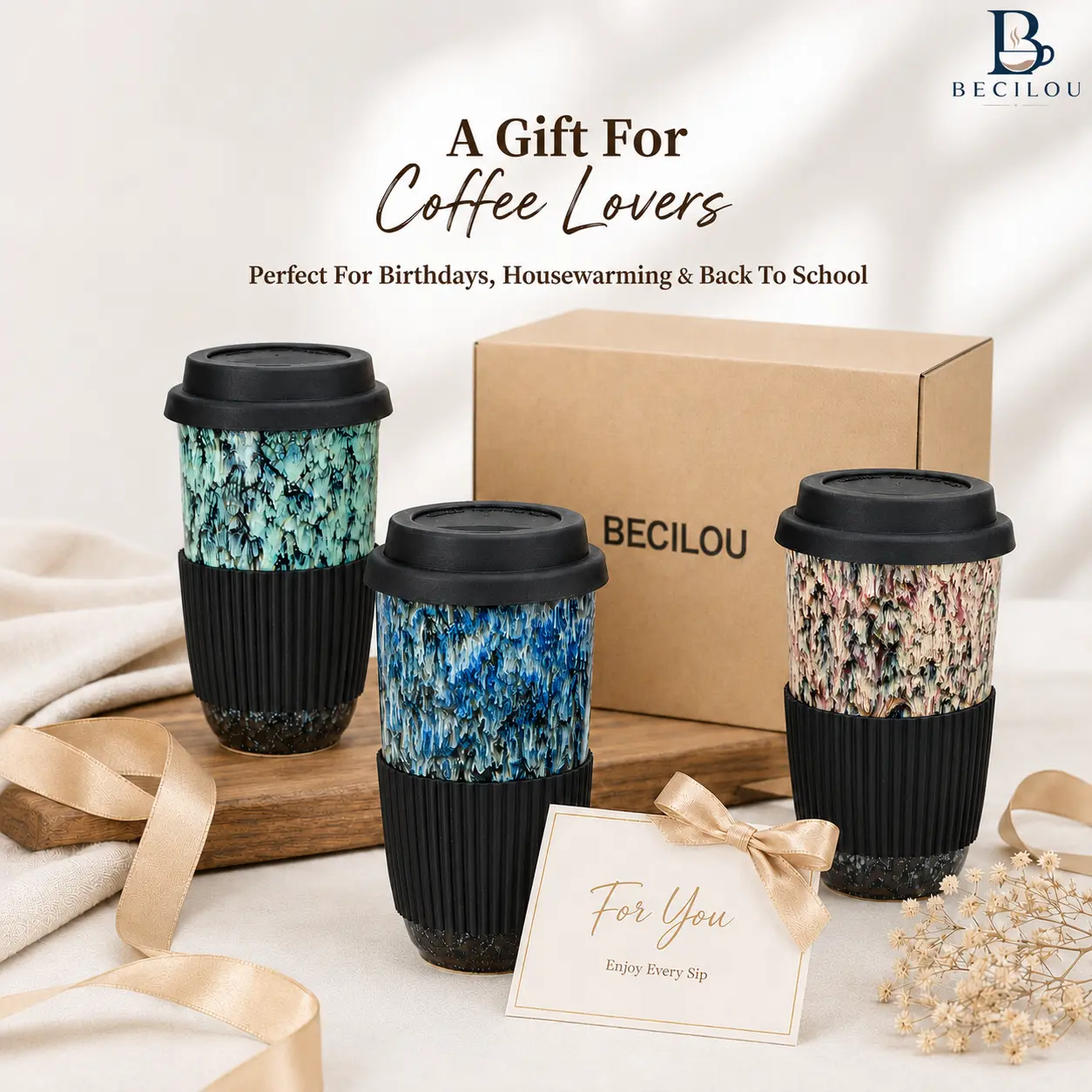 BECILOU Unique Ceramic Travel Mug with Lid,16oz  Handmade Coffee Cup Gift for Women, Coffee Lovers Gift, Birthday Gift Idea