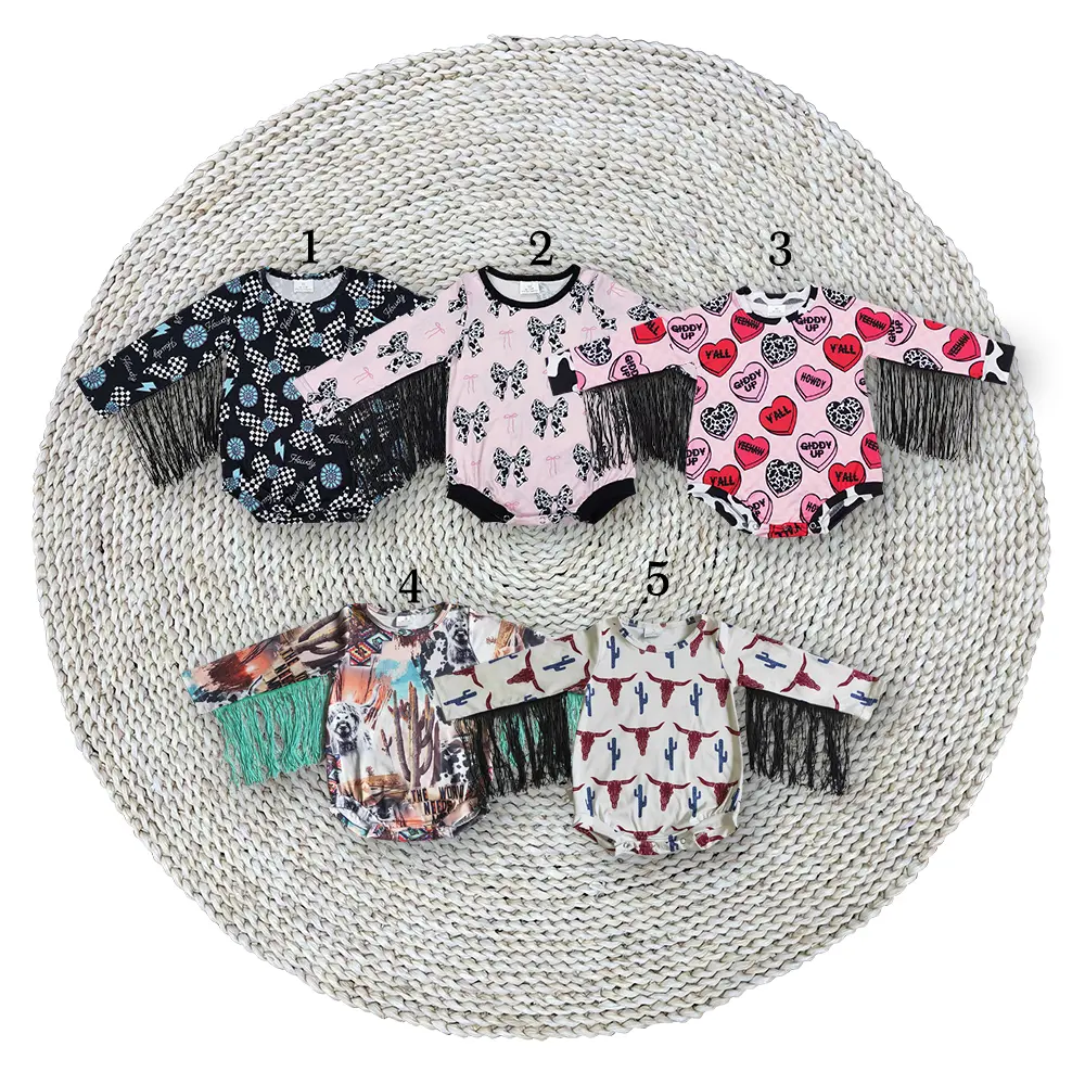 Little Girls Western Country Cactus Cow Turquoise Bows Long Sleeve Fringe Tassels Buttons Bodysuits Rompers