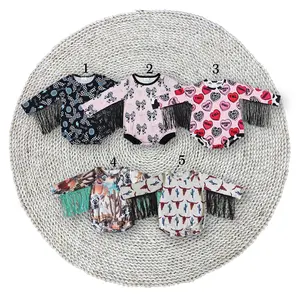 Little Girls Western Country Cactus Cow Turquoise Bows Long Sleeve Fringe Tassels Buttons Bodysuits Rompers