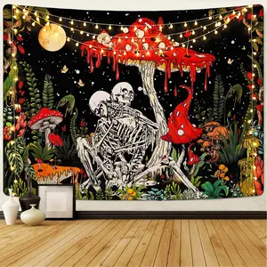 Skull Mushroom Tapestry Skeleton Lovers Tapestries Vintage Plants Tapestry Moon Garden Galaxy Tapestry Gothic Wall Tapestry for Bedroom Aesthetic Decor (51.2 x 59.1 inches)