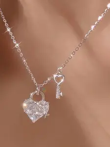 Heart Lock and Key Pendant Necklace, Girlie Cubic Zirconia Jewelry, Birthday Party Gift for Friends, Elegant Accessory, Sparkling CZ Necklace