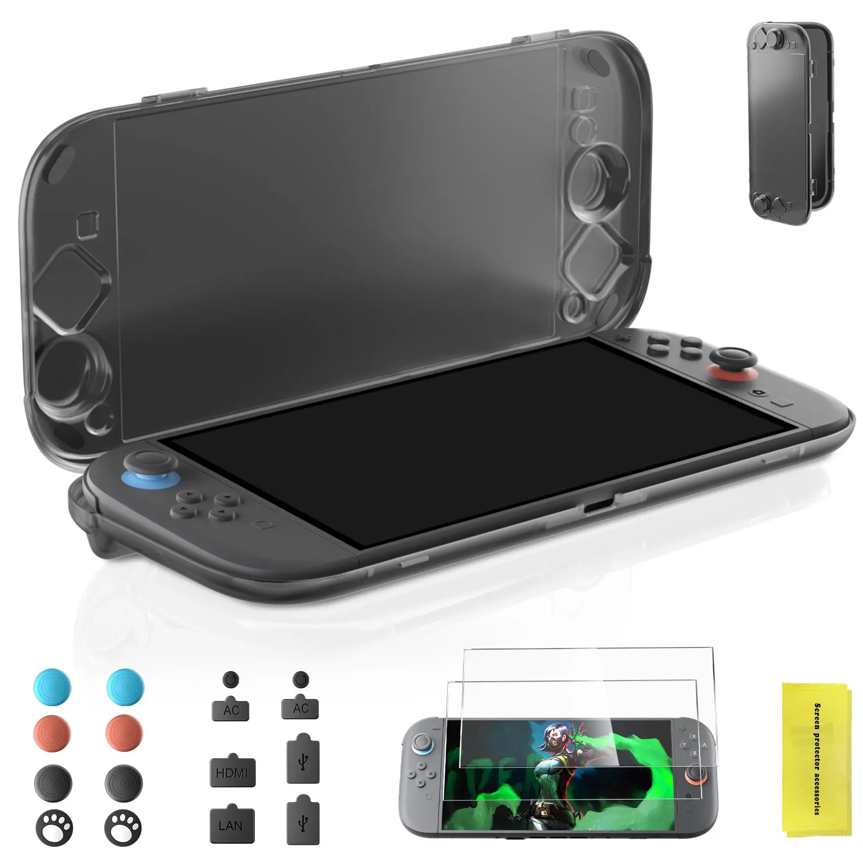 Waterproof Full Body Protection Case for Nintendo Switch 2 Handheld Console - Slim Accessories Kit Including Black Case, Tempered Screen Film, Port Dust Plug, Joystick Cap
