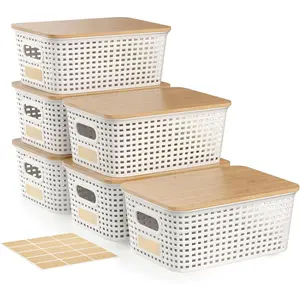 Small 5 Quart Plastic Storage Bin with Bamboo Lid, Stackable Decorative Storage Basket Box Containers with Label for Organizing Shelves Desktop Office Bedroom Dorm Classroom, White 6 Pack
