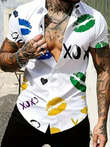 Fashion lip print white shirt, men's short-sleeved casual top, perfect for summer attire