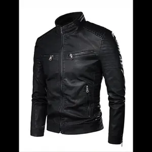 Men's Solid Zip Up Mock Neck Faux Leather Jacket, Slim Casual Long Sleeve Outerwear for Fall & Winter, Men's Clothes for Daily Wear