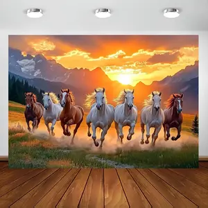 Seven Lucky Horses Feng Shui Wall Tapestry, Polyester Multipurpose Banner, Universal Festive Decor, No Electricity Needed, with for Party, Event, Room Decoration 60X40