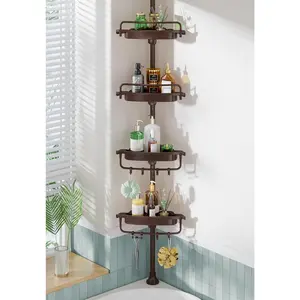 Corner Shower  Tension Pole Brown Shower  18/8 Stainless Steel Rustproof 4 Tier Adjustable Shower Organizer Bathroom Shower Shelves Shower Storage Rack 32-122inch