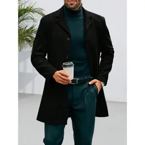 Mens Mid Long Trench Coat Slim Fit Winter Pea Coat Single Breasted Business Overcoat