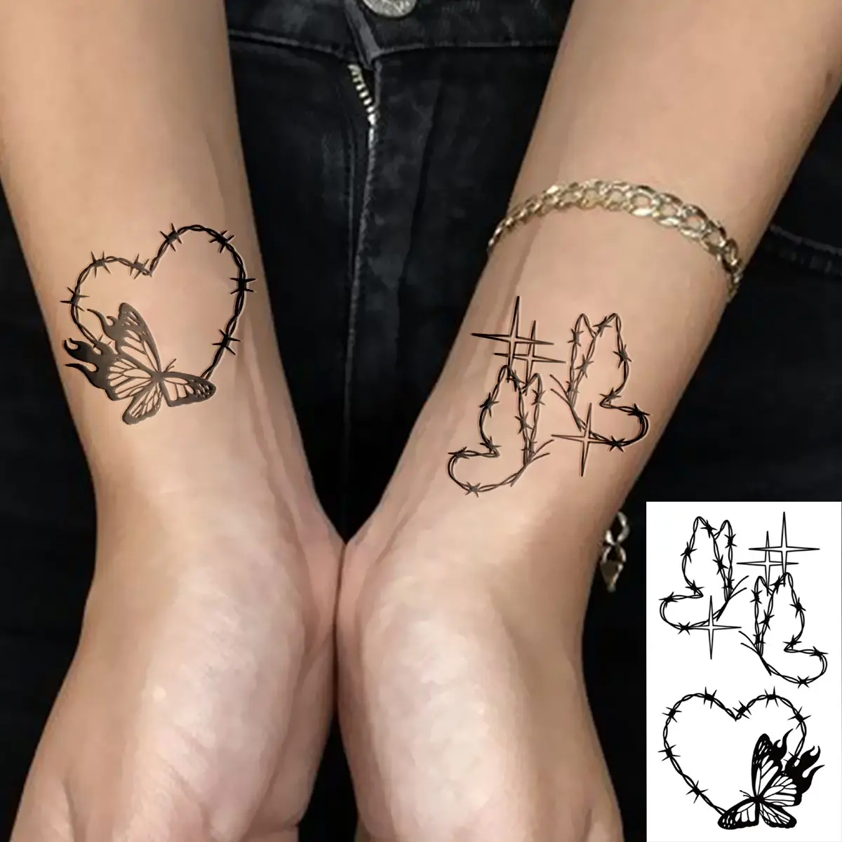 1pc Small Black Heart, Butterfly, And Thorn Fake Temporary Tattoo For Women And Men, Suitable For Arm, Neck, Shoulder, Waist, And Leg. Waterproof And Durable, Perfect For Holiday Parties, Gifts, And Music Festivals. Temporary Tattoos Stickers