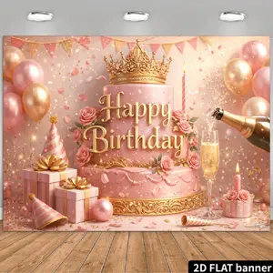 Summervibes 2D Flat Luxury Birthday Party Backdrop, Pink Gradient Background, Golden Light Spots, Heart-Shaped Light Spots, Golden "Happy Birthday" Art Words, Golden Crown, Pink, Champagne Balloon Bunch, P