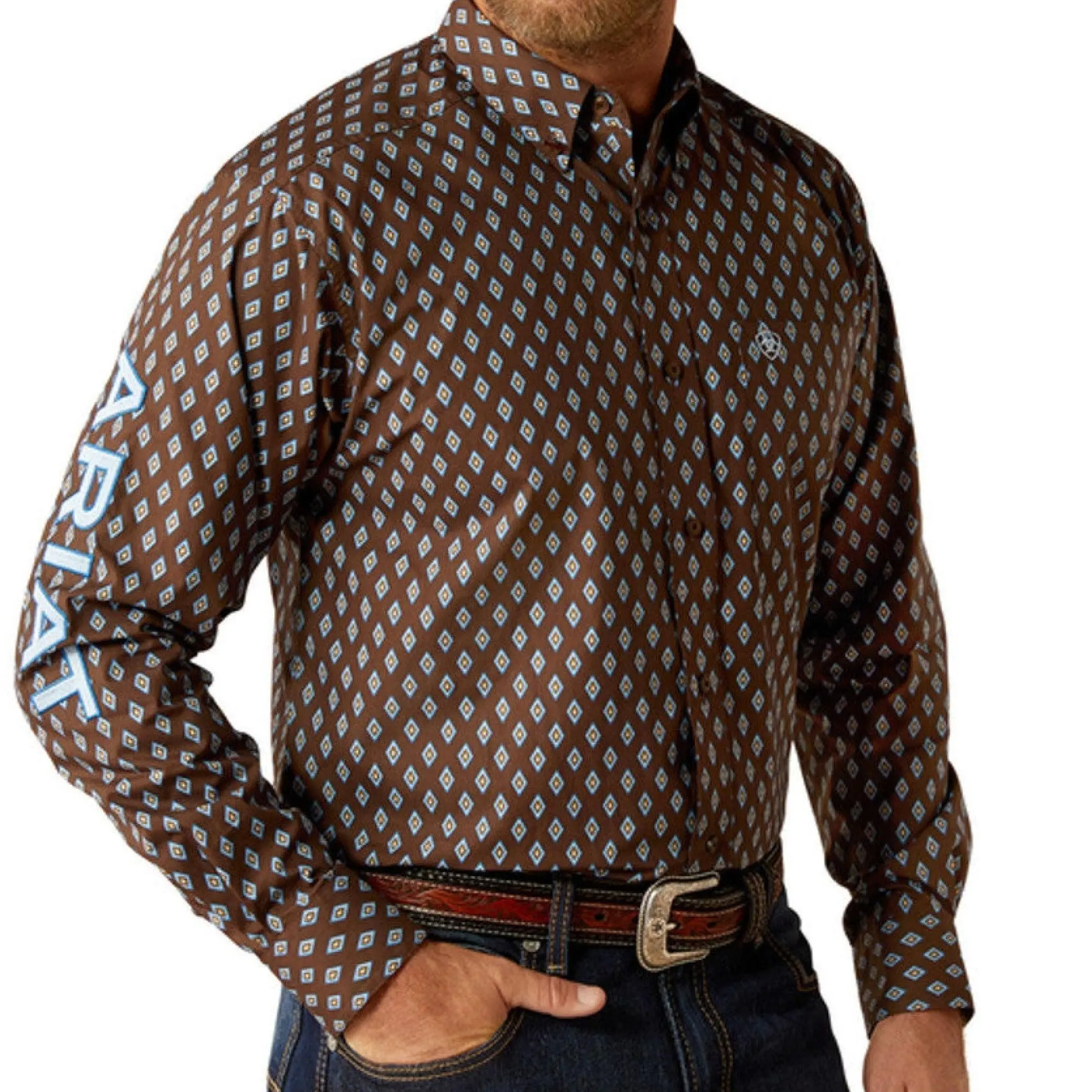 ARIAT TEAM OAK LONG SLEEVE SHIRT BROWN/LIGHT BLUE - 10054056