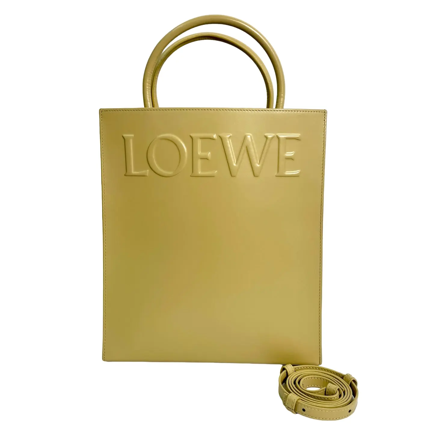 Pre-owned leather handle bag Loewe Font Medium Classical Tote Bag Olive Green Smooth Calfskin, Top Handles, Embossed Logo Shoulder Bag, Classical Tote Bags