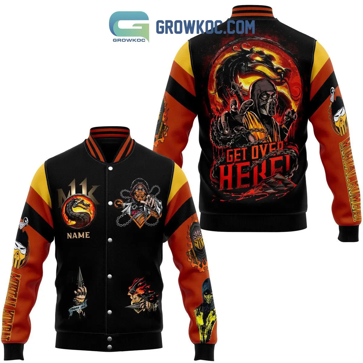 Mortal Kombat Scorpion Get Over Here Flaming Dragon Kunai Chains Varsity Jacket Loose Fit Casual Sports Outerwear For Autumn Winter Spring Oversized Button Up Baseball Coat Apparel