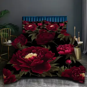 Vintage Big Red Flower Bedding Set of 3, suitable for bedrooms and guest rooms, including 2 pillowcases and 1 duvet cover (unfilled) made of polyester material. The bedding is suitable for all seasons and perfect for couples. It is perfect for bedroom and