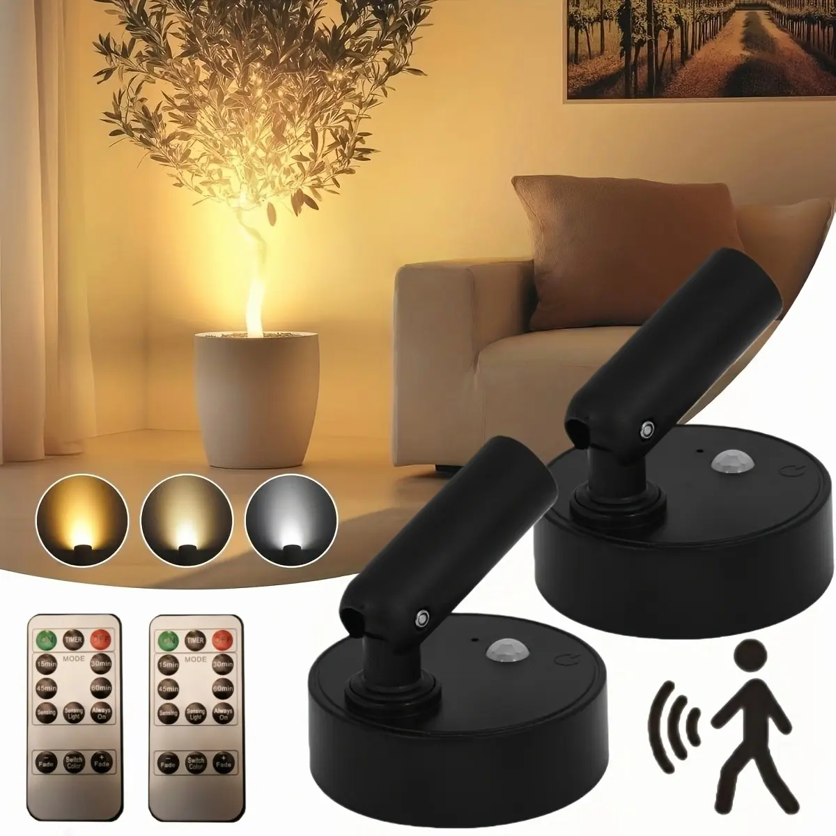 2pcs Wireless LED Spotlight Indoor With Remote Control, 3-Color Adjustable Light, Motion Sensor LED Wall Light Magetic, Battery Powered Wall Lamp USB Rechargeable, Spot Light For Corridor, Bedroom, Pictures, Art Display, Plant Lights Warm White