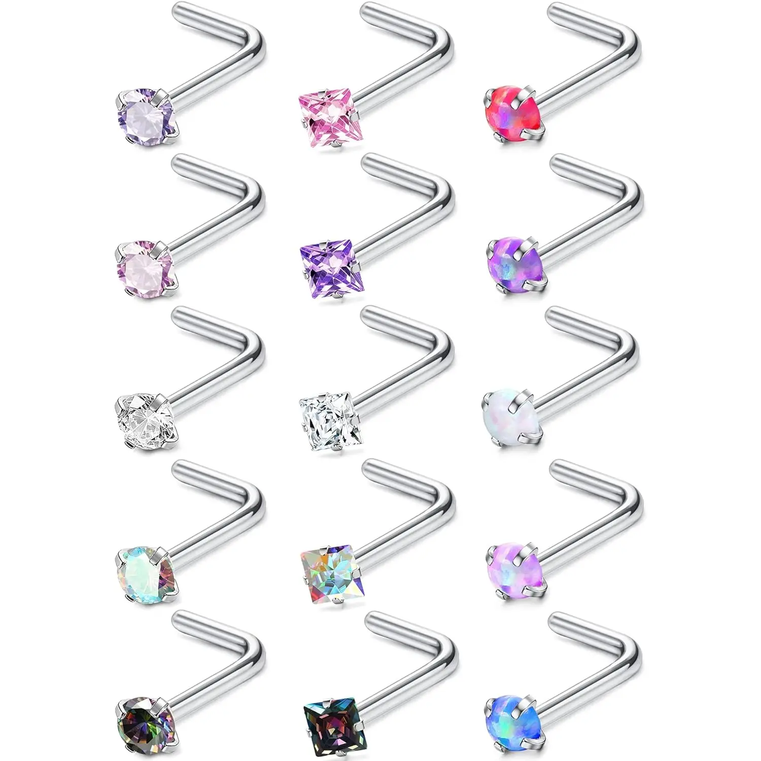 Milacolato Nose Piercings Kit, 15 Count 20G Hypoallergenic Surgical Steel L-Shaped, Screw Ring & Straight Studs with CZ & Opal, Unisex Body Jewelry, Valentine's Day Anniversary Gift, Lip Piercing Jewelry, Dimensions, Nose Piercing, Cubic Zirconia, Birthda