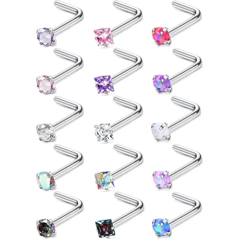 Milacolato 15-Pc Style Mix 15-Count Body Piercing Jewelry Kit - 20G Hypoallergenic Surgical Steel Nose Piercings, L-Shaped, Screw Ring, Straight CZ Opal Studs, Unisex, Ideal for Daily Use, Gifts with Lifetime Return Service