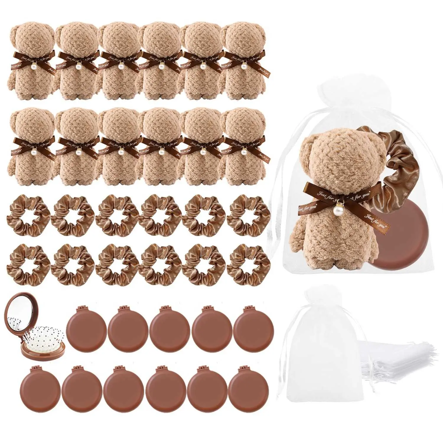 48 Pcs /12 Set Spa Birthday Party Gifts For Women, Lnclude Scrunchies, Cute Bear Shaped Square Towels, Folding Travel Hairbrush With Mirror, Auganza Storage Bag, Ideal For Spa Party Sleepover Party Slumber Party Wedding Party Birthday Party
