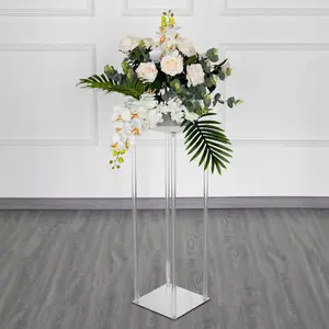 Acrylic Floor Vase Flower Stand 32" Clear with Square Mirror Base - Wedding Column Centerpiece for Events