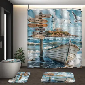 LVRLVR 4Pcs Coastal Lighthouse Beach Sign Boat Print Nautical Summer Multi-Color Shower Curtain Liner Set 70.8×70.8 Inch