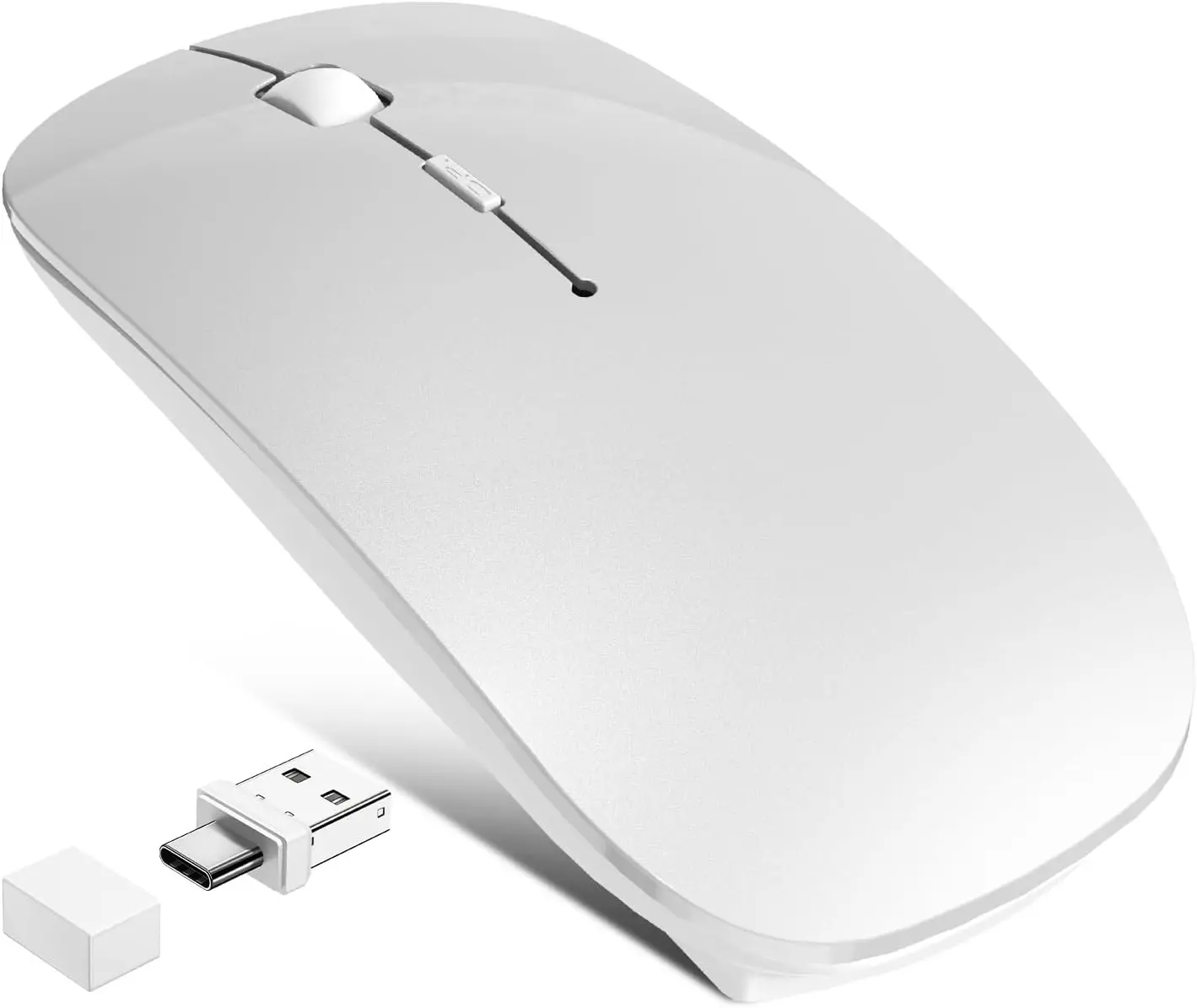 Rechargeable 2.4G & Bluetooth 5.2/3.0 Wireless Mouse with Jiggler Mode - Silent Optical, USB-A/Type C, Portable for MacBook Air, iPad, Mac (Silver)