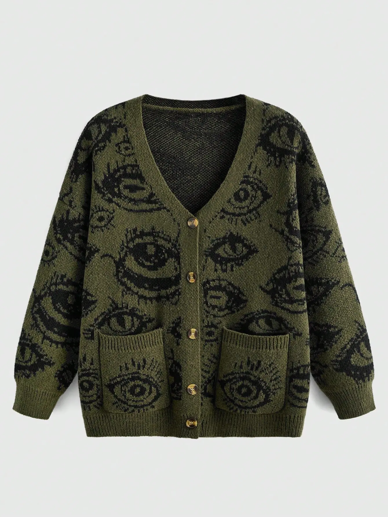 Grunge Punk Women's Eye Pattern Drop Shoulder Cardigan, Gothic Y2K Long Sleeve Knit Sweater, Oversized Button-Up School Streetwear Top