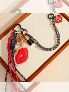 Trendy, European American Braided Rope & Heart Cherry & Lips & Lipstick Bag Chain Charms Keychain Keyring Purse Chain Big Red Lip Pendant Decoration Bag Accessories Backpack Hanging Ornament Lanyard Christmas Valentine's Day Gift Trendy Cute Keychain
