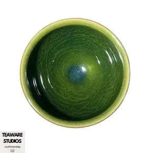Green Crackle Glaze Tea Cup with Crane Emboss Handcrafted Artisanal Teaware for Tea Enthusiasts