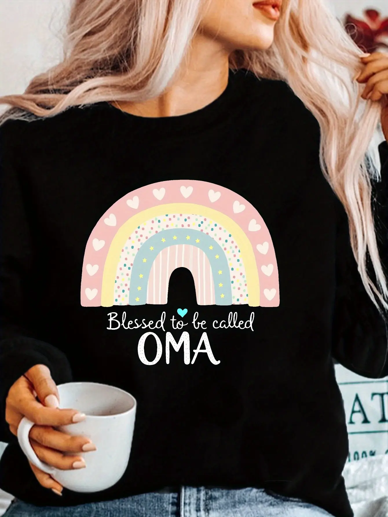 teediy Women's Blessed to be Called OMA Graphic Sweatshirt - Rainbow & Hearts Geometric Design, Soft Grey Casual Long Sleeve Round Neck Pullover for AutumnWinter, Machine Washable