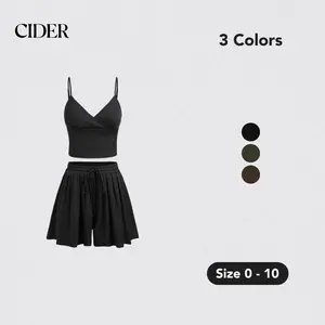 Cider [3 colors, size 0-10] Ribbed V-neck Crop Top & Pocketed Shorts Set, Stretchy Comfy Lounge Set, Summer Pajama Set