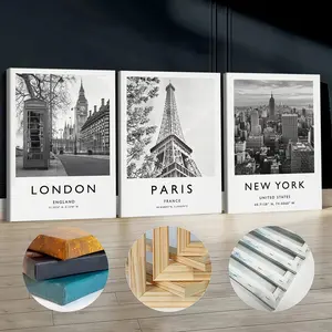 3Pcs Wooden Framed Canvas Painting, Black And White Cityscape Landmarks, Exquisite Poster, Home Decoration, Pattern Wall Art Decor, For Living Room, Bedroom, Office, Restaurant, Bar Wall Decor, Odorless, Painting, Print Artwork.