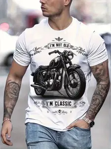 Men's Vintage Motorcycle Print Short Sleeve Shirt, American Classic Moto Pattern, Casual Fashion Round Neck Top, Slim-Fitting Long Clothing, Streetwear, Menswear