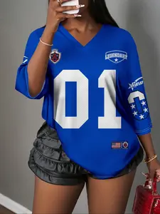 Y2K American Vintage Mesh Breathable Sports Shirt for Women, V-Neck Digital Print T-Shirt, Hip Hop Cool Style Party Streetwear Top, Gym Workout Tee, Breathable Lightweight Top