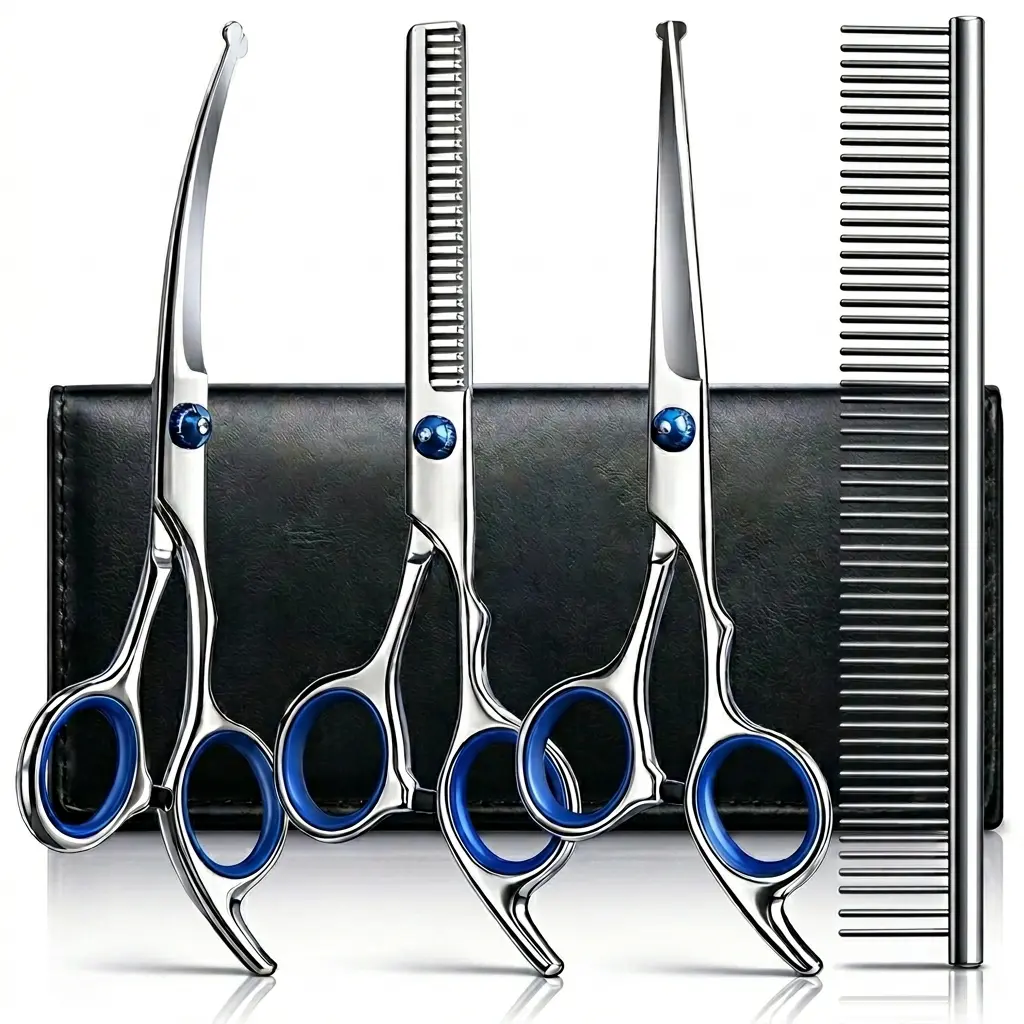 5 in 1 Professional Dog Grooming Scissors Set | Safety Round Tip Pet Shears | Sharp Heavy Duty Cat Grooming Scissors | Dog Hair Cutting Kit | Pet Grooming Tools for Dogs & Cats