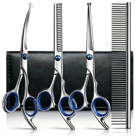 5 in 1 Professional Dog Grooming Scissors Set | Safety Round Tip Pet Shears | Sharp Heavy Duty Cat Grooming Scissors | Dog Hair Cutting Kit | Pet Grooming Tools for Dogs & Cats