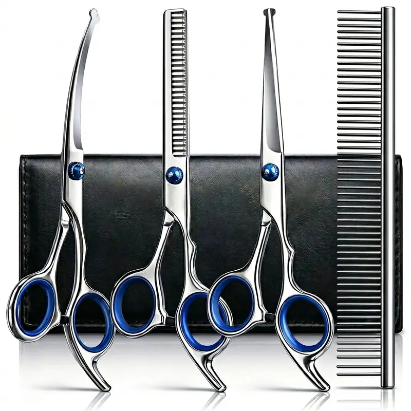 5 in 1 Professional Dog Grooming Scissors Set | Safety Round Tip Pet Shears | Sharp Heavy Duty Cat Grooming Scissors | Dog Hair Cutting Kit | Pet Grooming Tools for Dogs & Cats