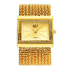 Rectangular Watch for Women: Iced Out Rhinestone Analog Quartz Bracelet Watches Gold-Tone Wide Layered Chain Band Elegant Cuff Wristwatch