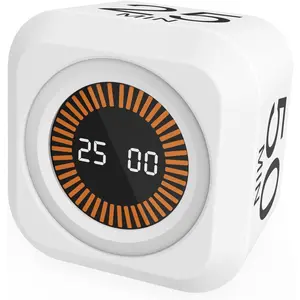 Rotating Cube Pomodoro Timer 5, 25, 10, 50 Min Preset + Custom Countdown, Desk Productivity Flip Visual Timer w/ Case, Silent Mode, Ideal for  Tool Study Work School (White)