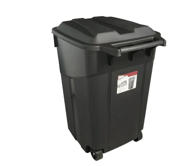 45 Gallon Wheeled Heavy Duty Plastic Garbage Can, Attached Lid, Black 45 Gallon Wheeled Heavy Duty Plastic Garbage Can, Attached Lid, Black