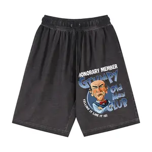 Honorary Member Grumpy Old Man Club Washed Cotton Shorts | Funny Retro Graphic Drawstring Shorts for Men, Vintage Gradient Casual Athletic Shorts, Perfect Dad Gift for Daily Wear & Summer Outings