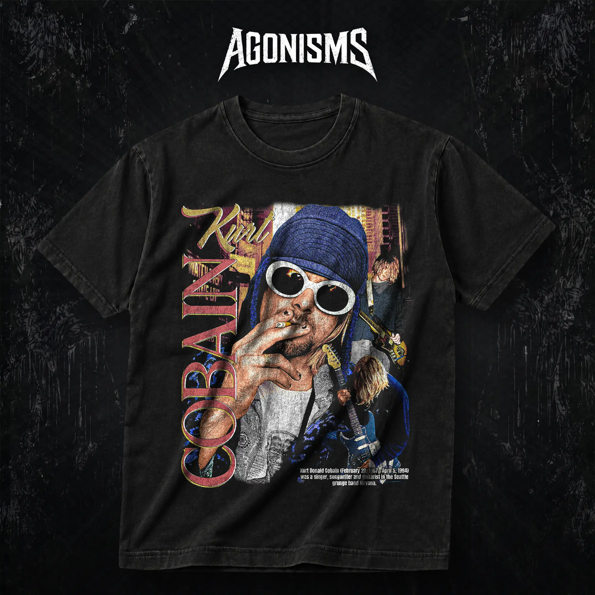 AGONISMS Kurt Cobain Heavy Cotton Washed Tee Direct-To-Garment Breathable Printing For Rock Music Lovers Gift For Gothic Punk Emo Unisex Merch For Metal Music Lovers