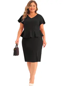 Agnes Orinda Plus Size Ruffle Short Sleeve Church Work Pencil Vintage Peplum Dress