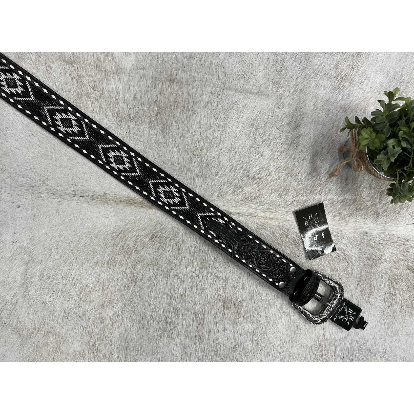 Cuervo Men Wester Aztec Full Beaded  2 Inch Belt- Black