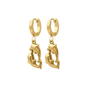Seaside Charm Hoops - 18K Gold Plated Stainless Steel Dolphin Charms 20 Gauge Clicker Style Earrings for Summer Ready Look