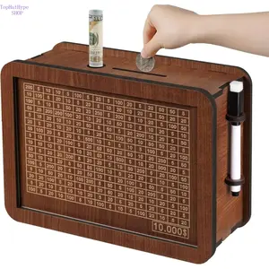 Wooden Creative Piggy Bank Cash Vault Savings Box - Reusable Target Panel with Erasable Pen, 10000 Savings Goal Container for Kids to Build Healthy Financial Habits at Home