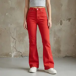 Women's Solid Red Flare Jeans, Vintage High-Waisted Bell Bottom Style in a Stretchy Cotton Viscose Blend